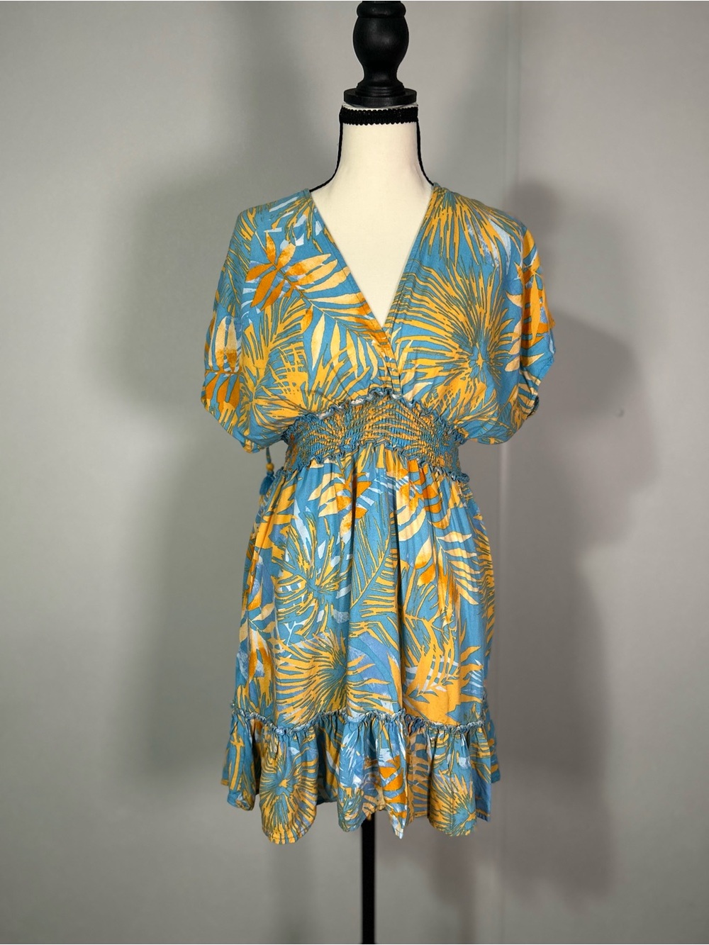 blue island Blue and Yellow Tropical Leaf Camisole